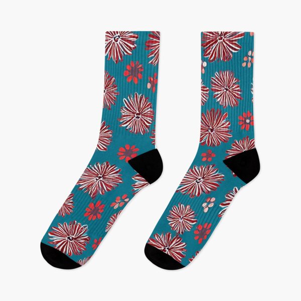 Item preview, Teal and red floral pattern with circular blossoms designed and sold by SassyArtistry.
