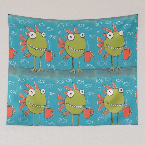 Item preview, Fish Who Needs Coffee More Than Water Trying to Stay Awake in Bright Blue Chaos designed and sold by OlfactoART Studio.