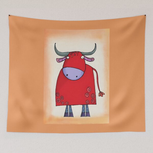 Item preview, Red Bull Peeking Curiously Against Orange and Beige Backdrop Showing Off Its Playful Comedic Charm designed and sold by OlfactoART Studio.
