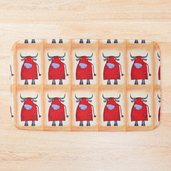 Item preview, Red Bull Peeking Curiously Against Orange and Beige Backdrop Showing Off Its Playful Comedic Charm designed and sold by OlfactoART Studio.