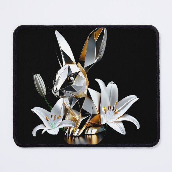 Artikelvorschau, Geometrisches Kaninchen | Silber- und Goldchrom-Design mit weißen Lilienblüten entworfen und verkauft von Naturalite19.