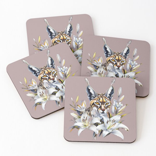 Item preview, Geometric Caracal | Silver and Gold Metallic Feline with White Lily Flowers designed and sold by Naturalite19.