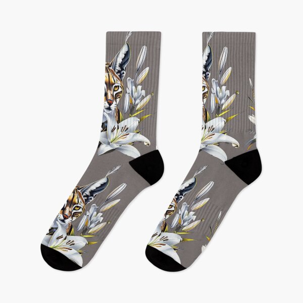 Item preview, Geometric Caracal | Silver and Gold Metallic Feline with White Lily Flowers designed and sold by Naturalite19.