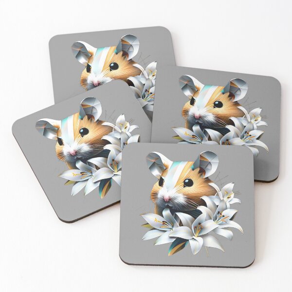 Item preview, Geometric Hamster with White Lilies | Chrome and Gold Floral Art designed and sold by Naturalite19.