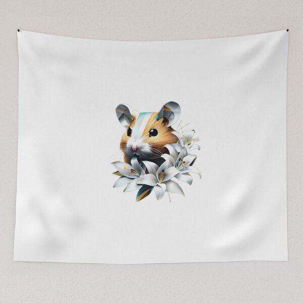 Item preview, Geometric Hamster with White Lilies | Chrome and Gold Floral Art designed and sold by Naturalite19.