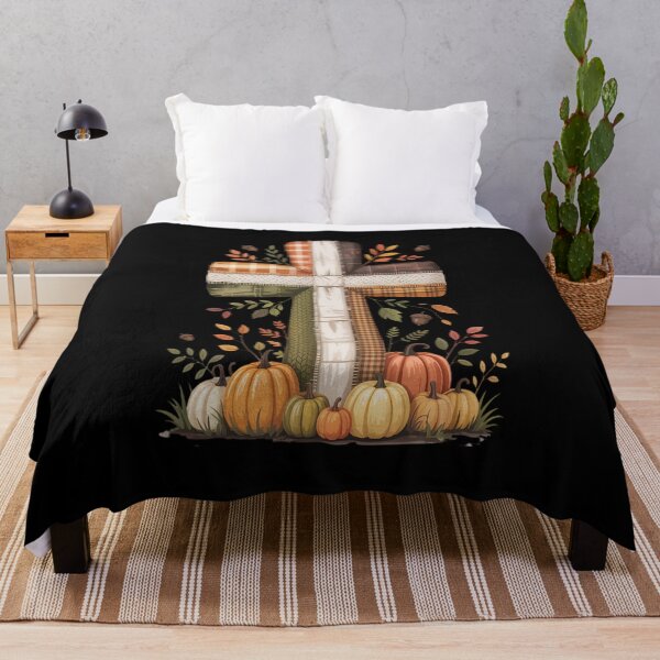 Item preview, Thanksiging wooden cross stands surrounded by pumpkins foliage designed and sold by VladoZork.