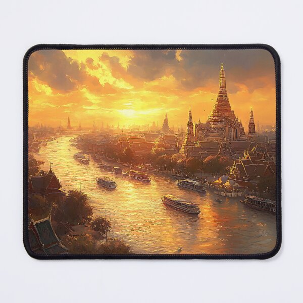Item preview, Golden Sunset Over Bangkok – Wat Arun Thai Temple, Chao Phraya River Painting designed and sold by vallass.