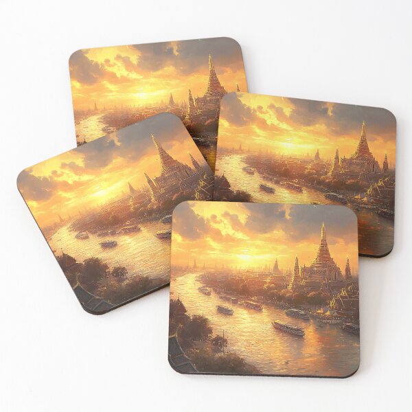 Item preview, Golden Sunset Over Bangkok – Wat Arun Thai Temple, Chao Phraya River Painting designed and sold by vallass.