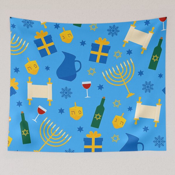 Aperçu de l'œuvre Menorahs, cadeaux, rouleaux de la Torah et motifs de vin pour Hanoukka créée et vendue par DEC02.