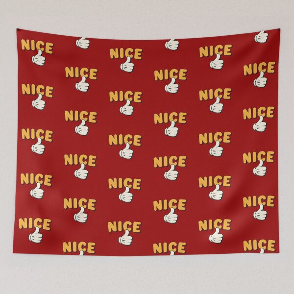 Item preview, NICE – Retro Cartoon Thumbs Up Graphic with Bright Yellow Text on Red Background designed and sold by PixelVibe782.