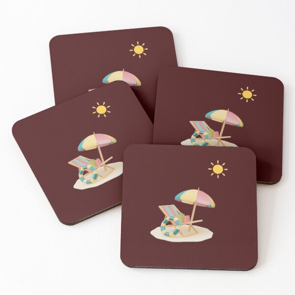 Item preview, A colorful beach umbrella with a beach chair resting on the sand and a floating swim ring nearby designed and sold by Aariq.