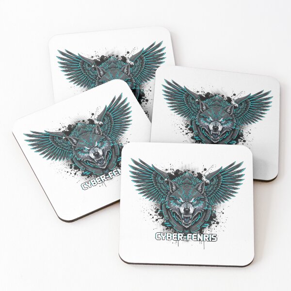 Item preview, CYBER-FENRIS Wolf Head with Mechanical Wings and Neon Blue Accents designed and sold by NewYorkColours.