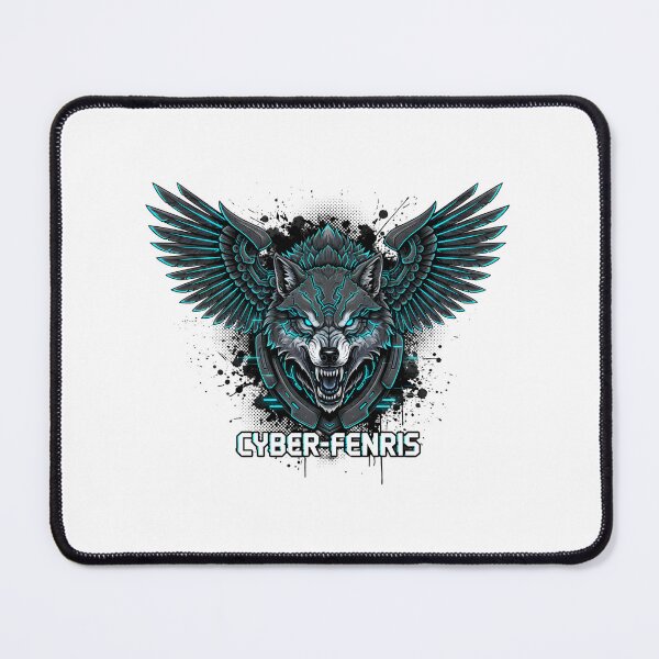 Item preview, CYBER-FENRIS Wolf Head with Mechanical Wings and Neon Blue Accents designed and sold by NewYorkColours.