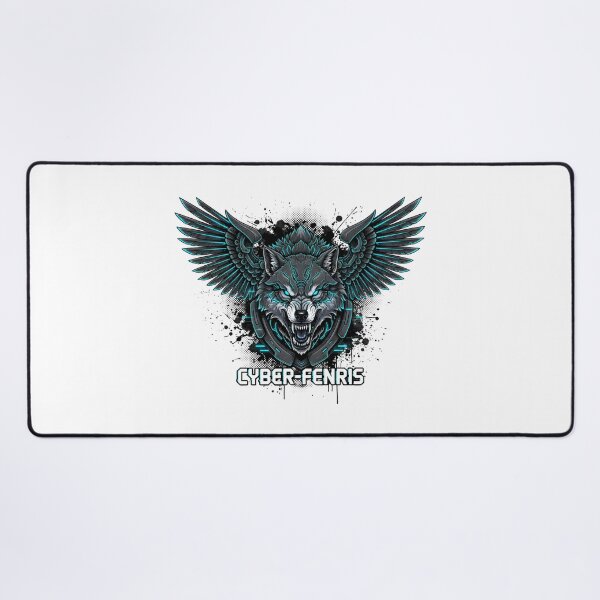 Item preview, CYBER-FENRIS Wolf Head with Mechanical Wings and Neon Blue Accents designed and sold by NewYorkColours.