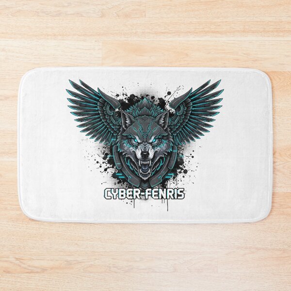 Item preview, CYBER-FENRIS Wolf Head with Mechanical Wings and Neon Blue Accents designed and sold by NewYorkColours.