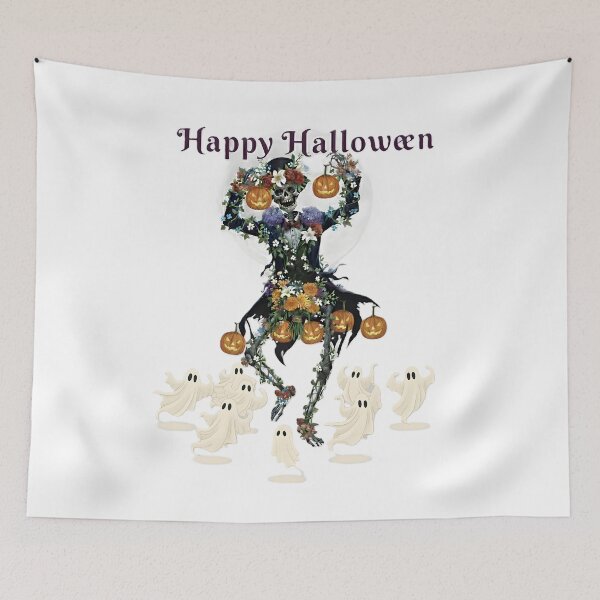 Item preview, Floral Skeleton with Ghosts and Pumpkins Halloween Art designed and sold by DroolWorthyUS.