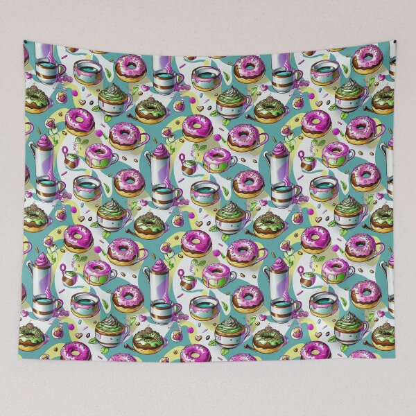 Item preview, Kawaii Donut Coffee Doodle Seamless Pattern designed and sold by SketchNStyle.