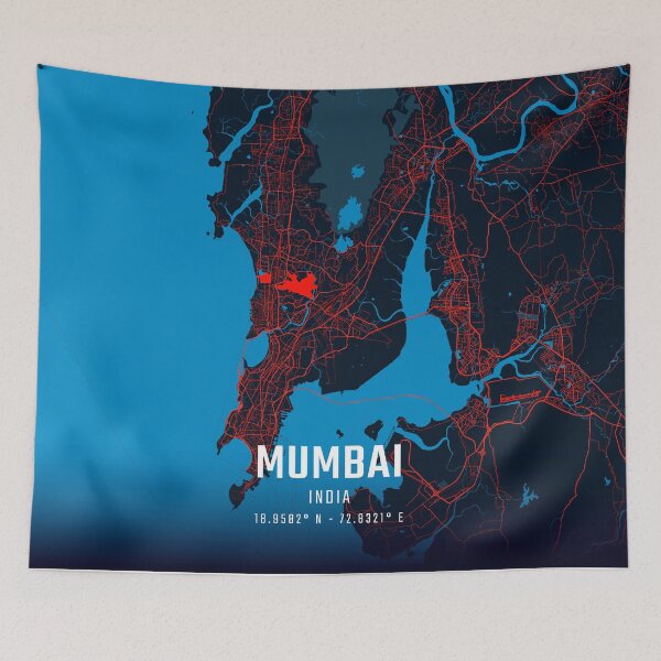 Item preview, Mumbai Red & Blue Minimalist Map designed and sold by HomeLivingCo.