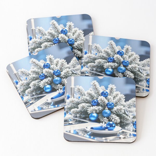 Item preview, Elegant Blue and Silver Christmas Dinner Table with Candles and Frosted Pine Centerpiece in Modern Style designed and sold by Mimoshi ⭐⭐⭐⭐⭐.