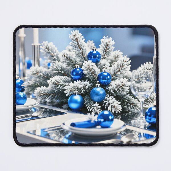 Item preview, Elegant Blue and Silver Christmas Dinner Table with Candles and Frosted Pine Centerpiece in Modern Style designed and sold by Mimoshi ⭐⭐⭐⭐⭐.