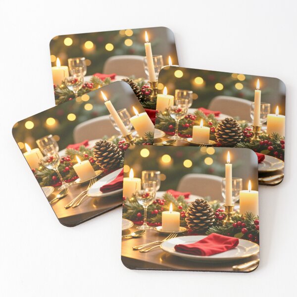 Item preview, Elegant Christmas Dinner Table with Candles, Pine Decorations, and Red Napkins Creating Warm Festive Ambiance designed and sold by Mimoshi ⭐⭐⭐⭐⭐.