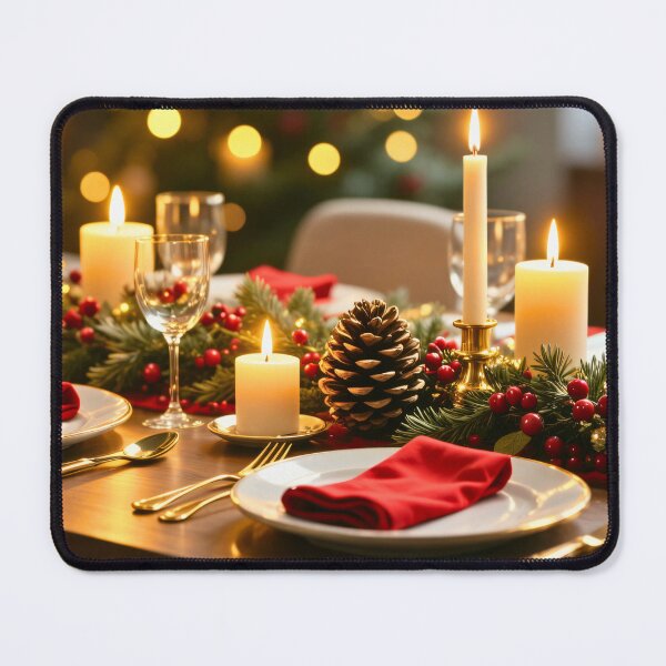 Item preview, Elegant Christmas Dinner Table with Candles, Pine Decorations, and Red Napkins Creating Warm Festive Ambiance designed and sold by Mimoshi ⭐⭐⭐⭐⭐.
