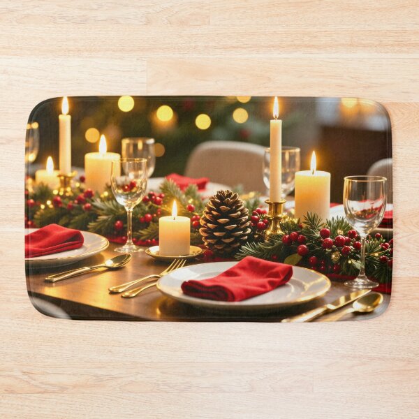 Item preview, Elegant Christmas Dinner Table with Candles, Pine Decorations, and Red Napkins Creating Warm Festive Ambiance designed and sold by Mimoshi ⭐⭐⭐⭐⭐.