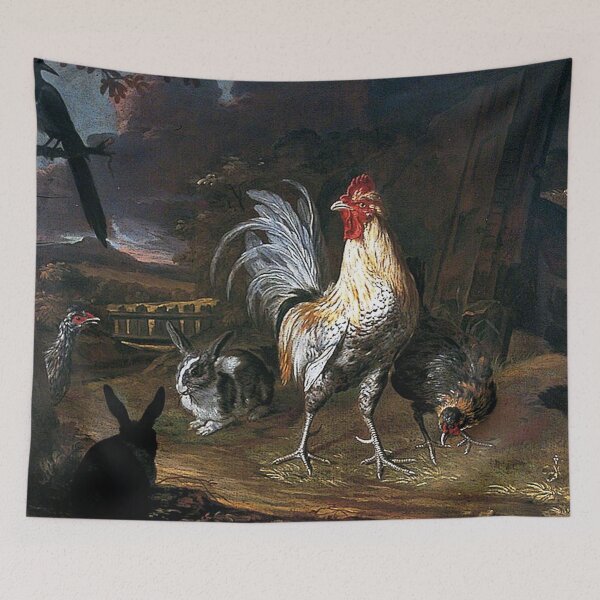 Item preview, Rabbit a Cockerel and a Hen with a Landscape Background designed and sold by tomorrowsart.