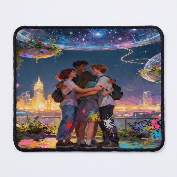 Item preview, Future Reunion – warm embrace in glowing cityscape with cosmic sky & creative urban vibes designed and sold by FotoworldEdel.