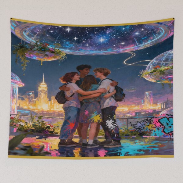 Item preview, Future Reunion – warm embrace in glowing cityscape with cosmic sky & creative urban vibes designed and sold by FotoworldEdel.