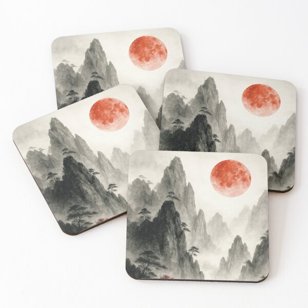 Item preview, Misty Mountain Wall Art – Red Moon & Crimson Trees designed and sold by WittyUnknown.
