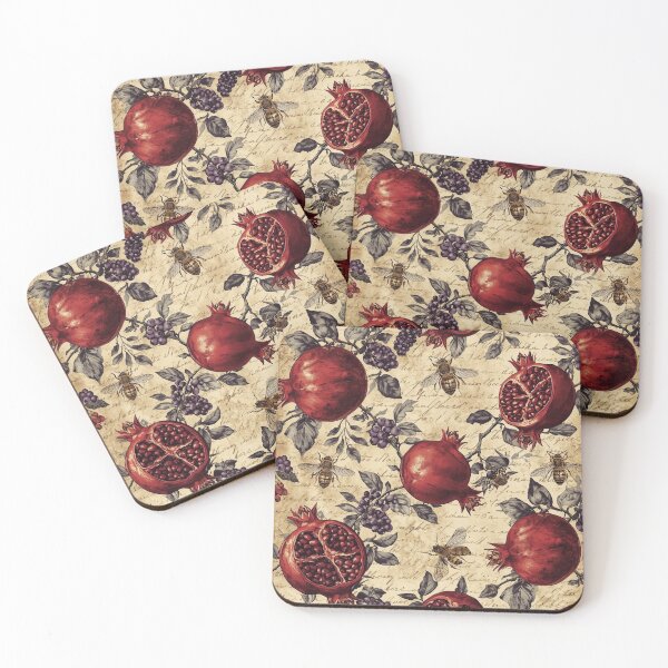 Item preview, Vintage Pomegranate & Blackberry Pattern – Crimson Botanical Art with Honeybees designed and sold by Esterlane.