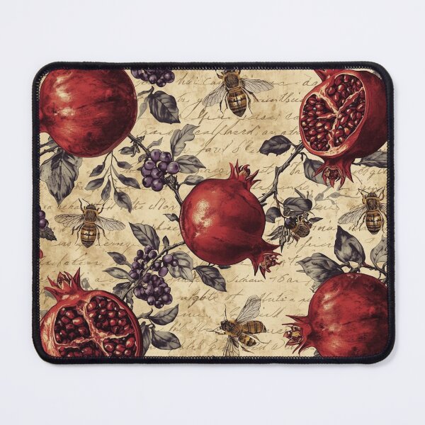 Item preview, Vintage Pomegranate & Blackberry Pattern – Crimson Botanical Art with Honeybees designed and sold by Esterlane.