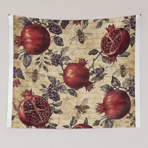 Item preview, Vintage Pomegranate & Blackberry Pattern – Crimson Botanical Art with Honeybees designed and sold by Esterlane.