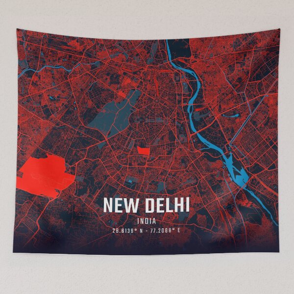Item preview, New Delhi Red & Blue Minimalist Map designed and sold by HomeLivingCo.