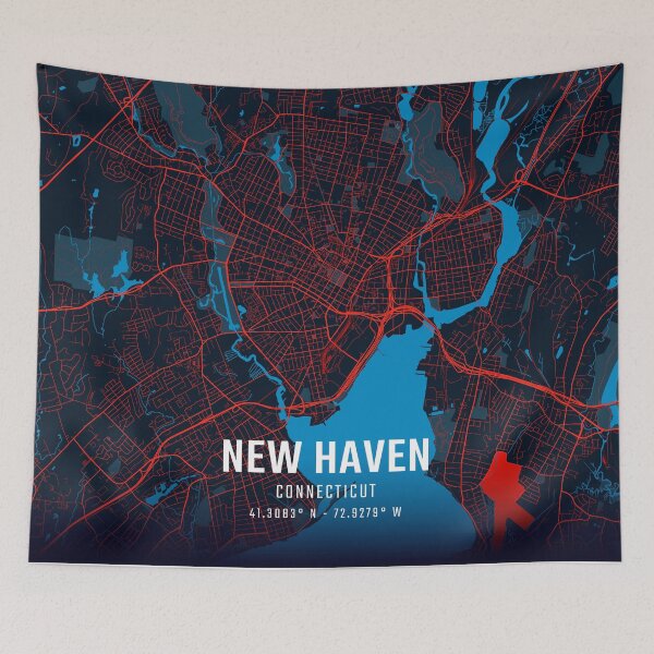 Item preview, New Haven Red & Blue Minimalist Map designed and sold by HomeLivingCo.