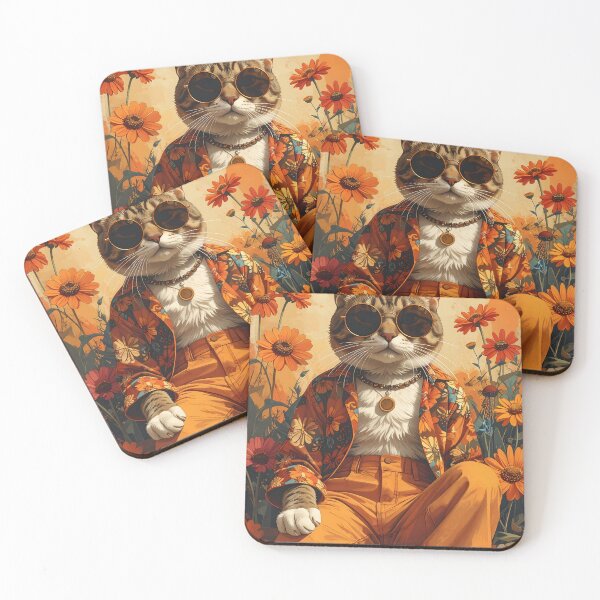 Item preview, Hipster Cat in Bell-Bottoms and Sunglasses Among Sunflowers designed and sold by takeng07.