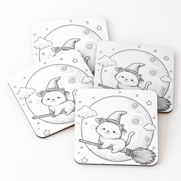 Item preview, Black and white image of a Halloween cat wearing a hat on a broomstick designed and sold by AillustriaAK.