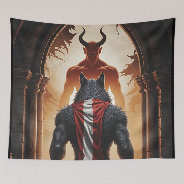 Item preview, A werewolf with an Austrian flag faces the devil. designed and sold by ReneMM.