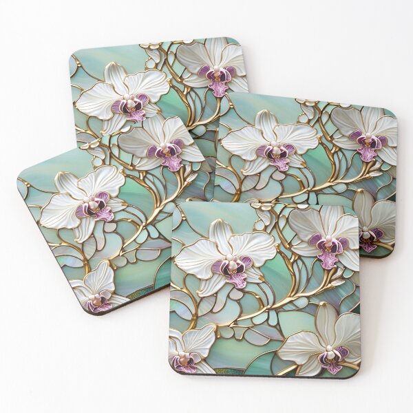 Item preview, COTTAGE CORE ORCHID FLOWERS * White Floral Botanical Nature Landscape Bejeweled Stained Glass ~ Coastal Seaside Cottage Core Holiday Christmas Birthday Bridal/Baby Shower Wedding AirBnB GIFT designed and sold by Spinning Plates 360.
