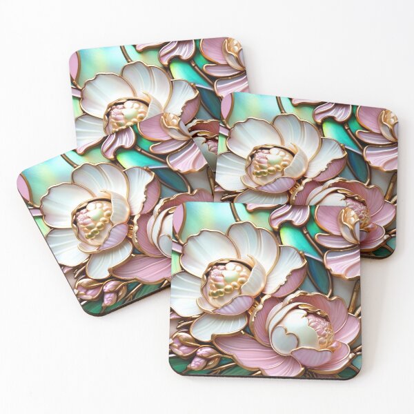 Item preview, CAMELLIA FLOWERS * Pink White Fairy Floral Botanical Nature Landscape Bejeweled Stained Glass ~ Coastal Seaside Cottage Core Holiday Christmas Birthday Bridal/Baby Shower Wedding AirBnB GIFT designed and sold by Spinning Plates 360.