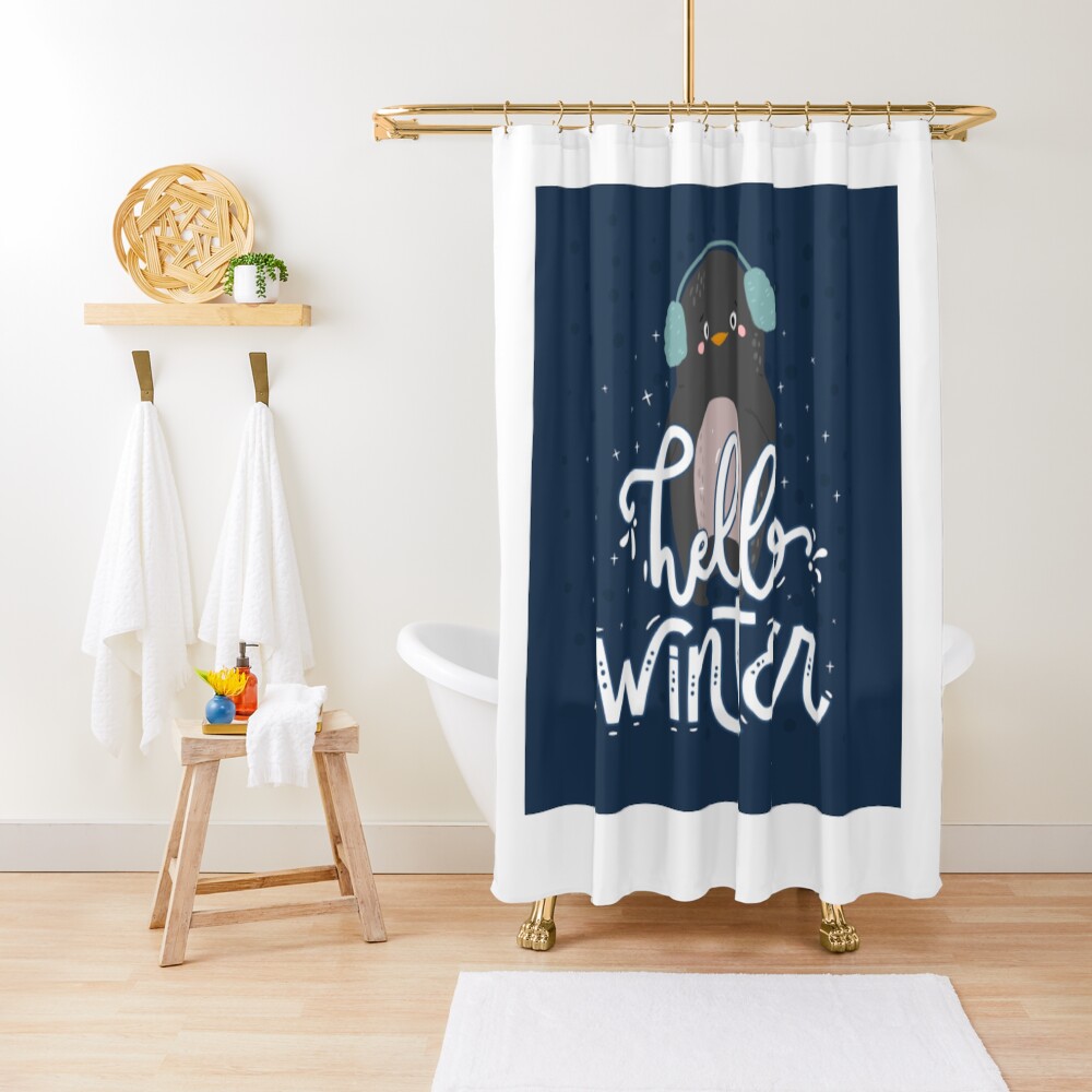 Hello Winter Shower Curtain - unicorn fantasy design by HackerLooks
