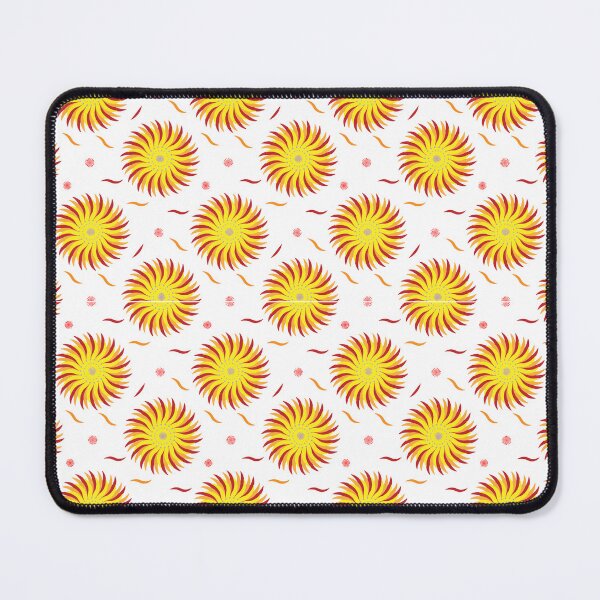 Item preview, Repeated pattern of stylized yellow flowers with red accents on a white background. Each flower resembles a sunburst with swirling petals and a central point. designed and sold by CreativebyTKK.