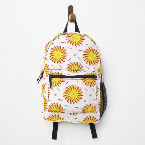 Item preview, Repeated pattern of stylized yellow flowers with red accents on a white background. Each flower resembles a sunburst with swirling petals and a central point. designed and sold by CreativebyTKK.