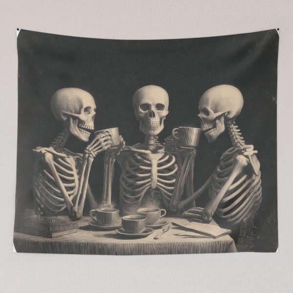 Item preview, Skeleton Coffee Club | Vintage Halloween Horror Illustration designed and sold by VilnaArtPrints.