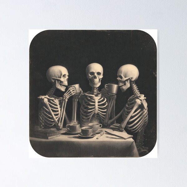 Item preview, Skeleton Coffee Club | Vintage Halloween Horror Illustration designed and sold by VilnaArtPrints.