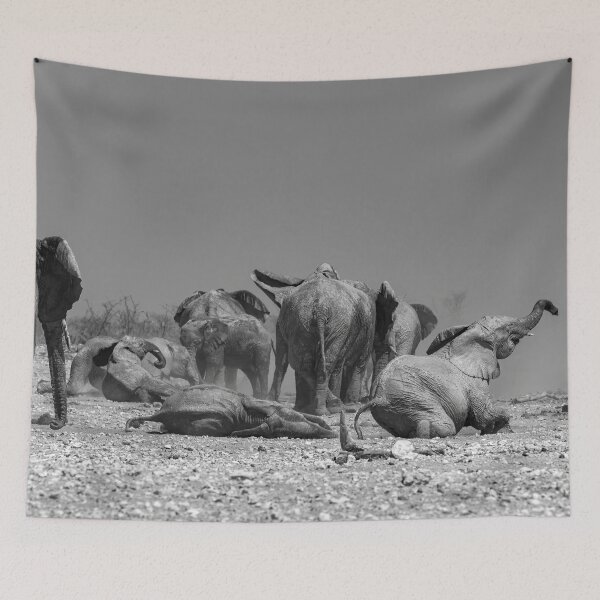 Item preview, Dust & Joy — Elephant Herd with Calves at the Waterhole, Africa (B/W) designed and sold by DavideAntoniani.
