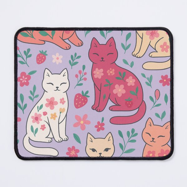 Item preview, Floral Cats & Strawberries Seamless Pattern – Cute Kawaii Pastel Design designed and sold by Dragonfly-10.