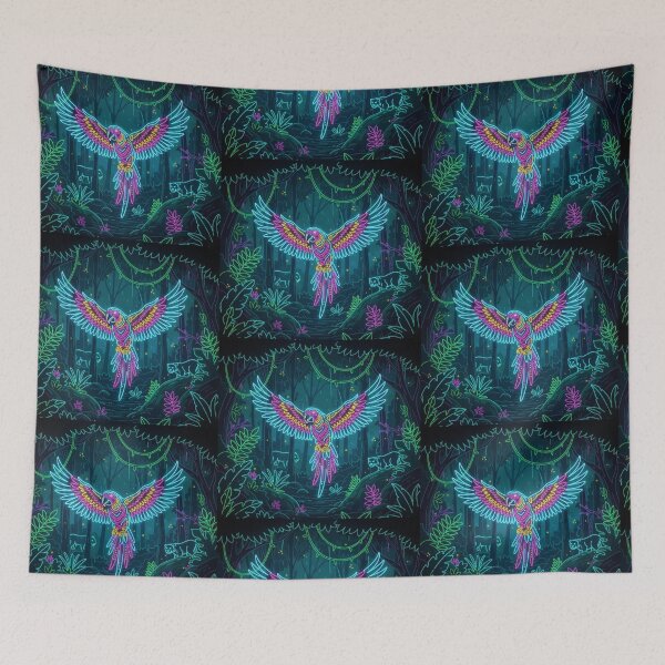 Item preview, Bright neon macaw in the mysterious rainforest designed and sold by Gletschie.