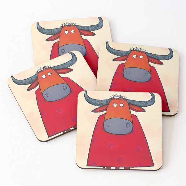 Item preview, Bull Striking a Heroic Pose in a Bright Red Cape Showing Off Spiraled Horns and Big Playful Eyes designed and sold by OlfactoART Studio.